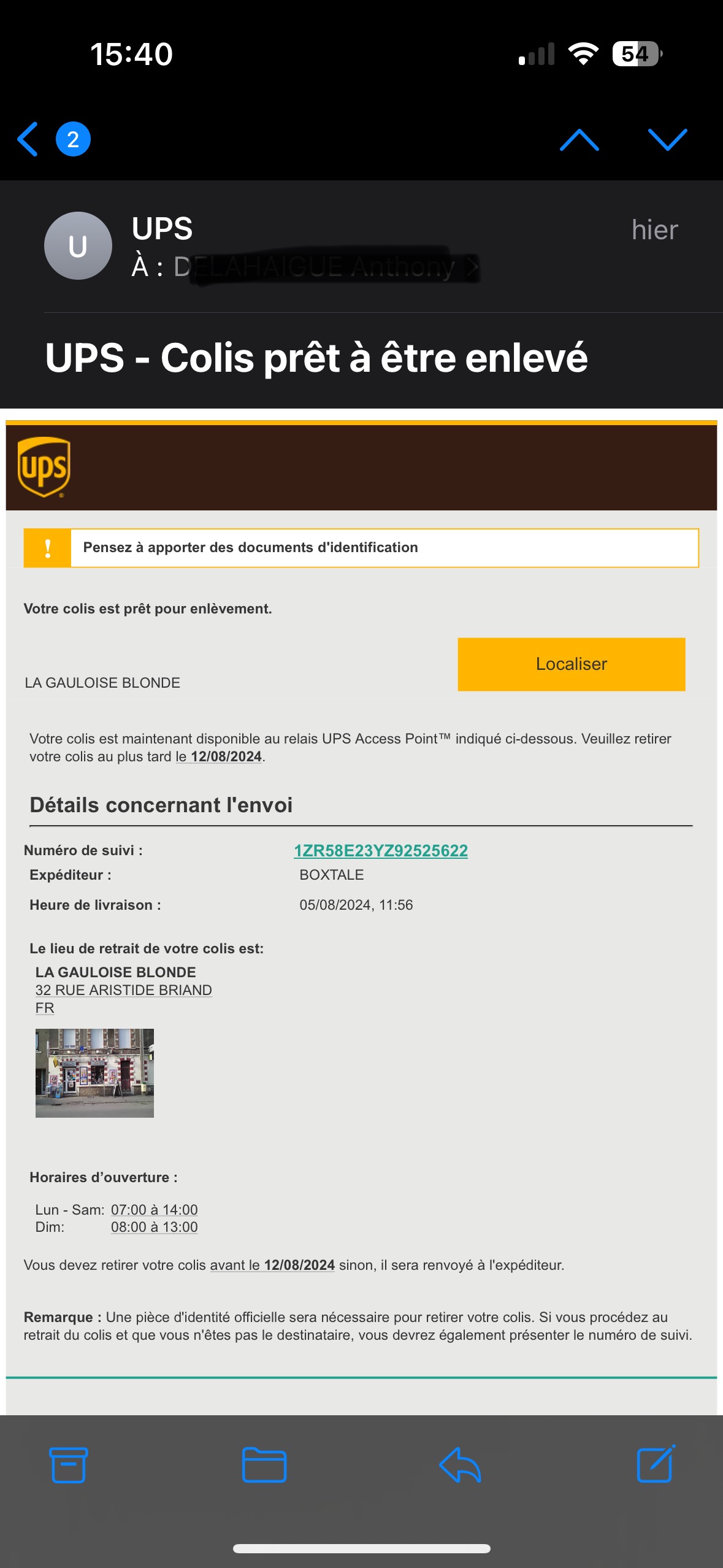 UPS - colis prêt à être enlevé